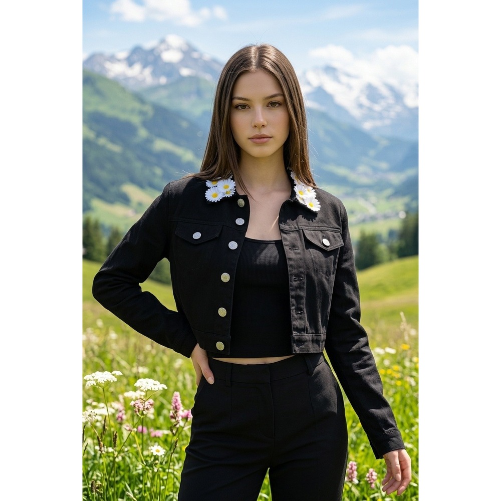 dELiA*s Dolls Kill Black Cropped Denim Jacket 3D Daisy Floral Collar Sz Med Y2K